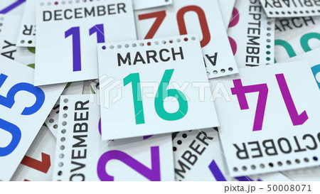 March 16 date on emphasized calendar page, 3D rendering March 16 date on emphasized calendar page, 3D rendering 50008071