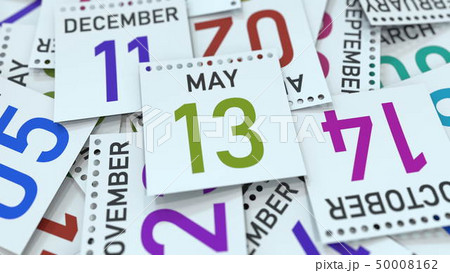 May 13 date on calendar page. 3D rendering May 13 date on calendar page. 3D rendering 50008162