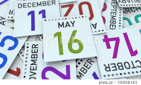Calendar page shows May 16 date. 3D rendering Calendar page shows May 16 date. 3D rendering 50008165