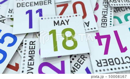 Calendar leaf with May 18 date, 3D rendering 50008167