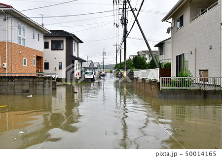 西日本豪雨災害による浸水した町 岡山県岡山市 の写真素材