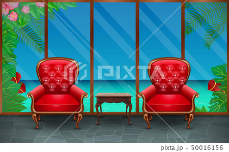 red chairs in the living room at the beach red chairs in the living room at the beach 50016156