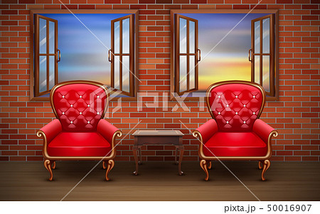 red chairs at windows in the morning	 50016907