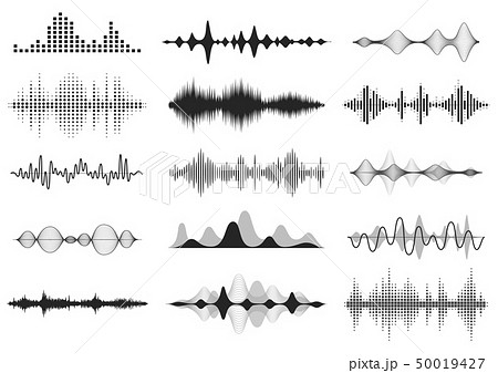 Black sound waves. Music audio frequency, voice line waveform, electronic radio signal, volume level 50019427