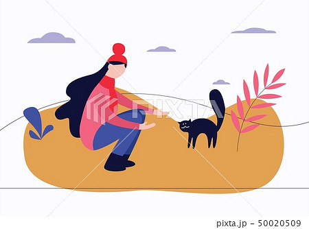 Woman crouched outdoor with call gesture to cat arched back flat cartoon style Woman crouched outdoor with call gesture to cat arched back flat cartoon style 50020509
