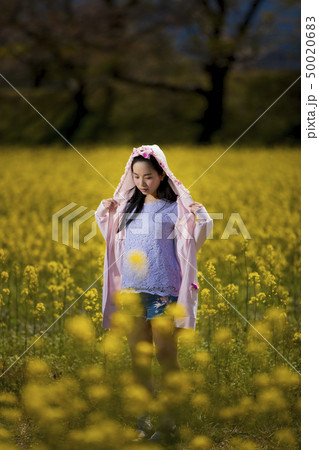 奈良県橿原市の藤原宮跡の菜の花畑を背景にしているフードをかぶっているショートパンツ姿の若い女性 50020683
