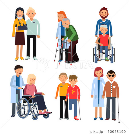 Disabled people group or hospital patients and helping man. Vector illustrations isolate on white Disabled people group or hospital patients and helping man. Vector illustrations isolate on white 50023190