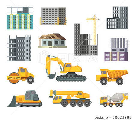 Big heavy yellow machines and modern buildings at construction stages. Unfinished home. Vector Big heavy yellow machines and modern buildings at construction stages. Unfinished home. Vector 50023399