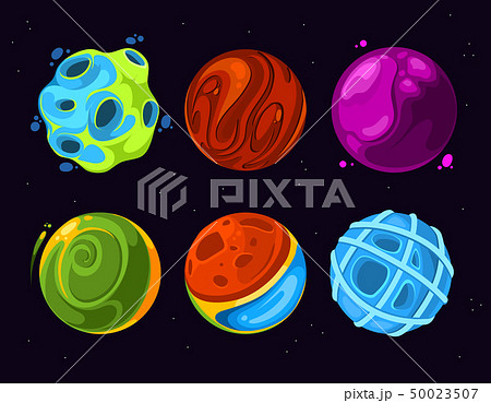 Cartoon alien planets on dark blue starry space background 50023507
