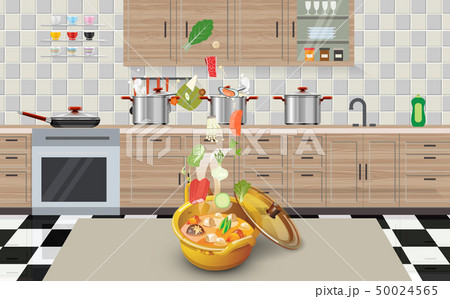 hotpot and ingredients in the kitchen room	 50024565