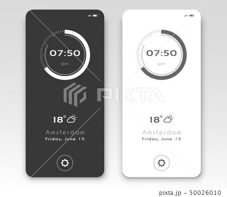 Mobile application interface design. Clock screensaver dark and light options. Vector illustration. 50026010