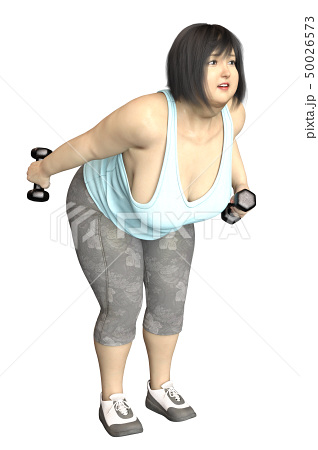 ダンベルダイエットで運動する太った女性のイラスト素材