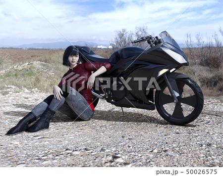 バイクに寄り添って休憩するライダーの女性のイラスト素材