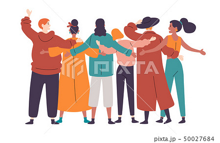 Group of diverse happy people standing together Rear view. Group of diverse happy people standing together Rear view. 50027684
