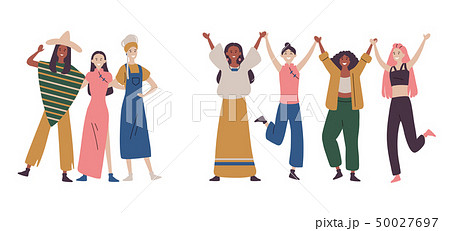 Happy women or girls standing together and holding hands 50027697