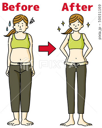 女性 ダイエット ビフォーアフター 全身のイラスト素材