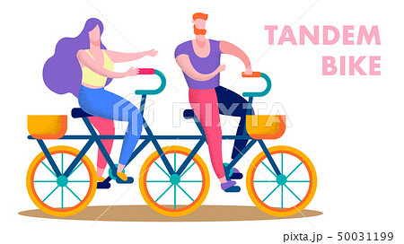 Happy Couple Riding Tandem Bike Flat Text Banner 50031199