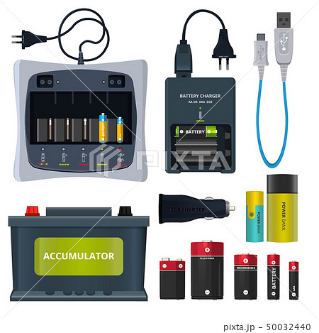 Rechargeable lithium battery and different accumulators isolate on white. Vector illustrations in 50032440