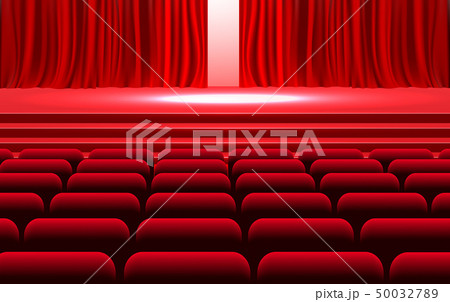 Red curtain with spotlight on the stage	 50032789