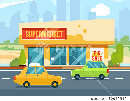 Supermarket exterior. Modern urban buildings, Cityscape with mall. Parking with cars. Vector 50032912