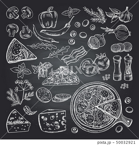 Illustrations of pizza ingredients on black chalkboard. Pictures set of italian kitchen 50032921