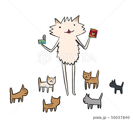 猫達に缶詰やカリカリの餌をあげる犬（食事の時間）のイラスト素材 