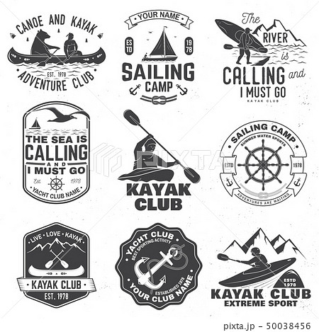 Set of sailing camp, canoe and kayak club badges. Vector. Concept for shirt, print, stamp or tee 50038456