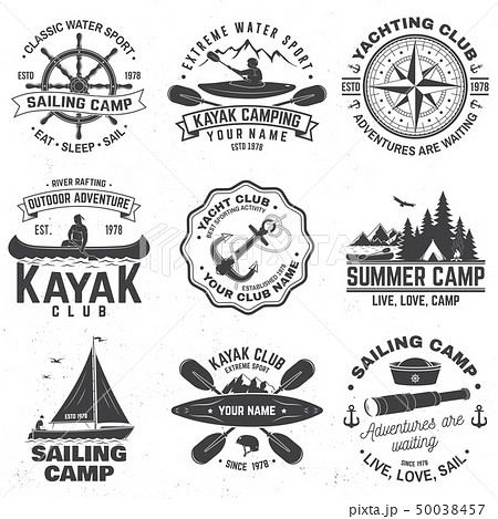 Set of sailing camp, canoe and kayak club badges. Vector. Concept for shirt, print, stamp or tee 50038457