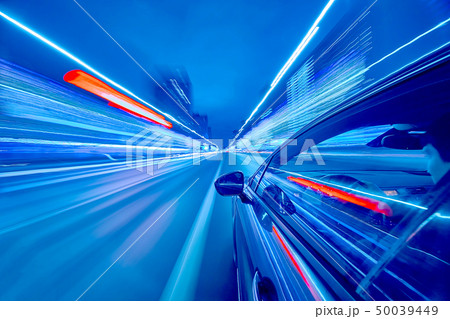 View from Side of Car moving in a night city 50039449