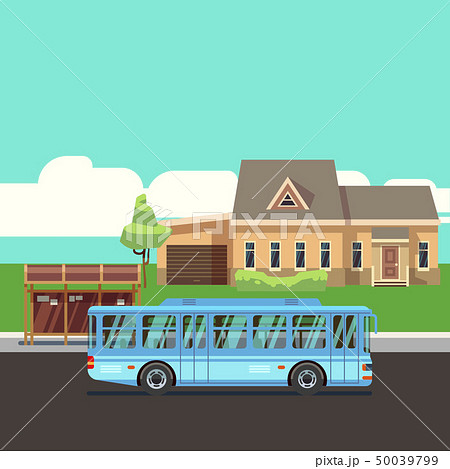 Residential House With Bus Stop And Blue Bus のイラスト素材