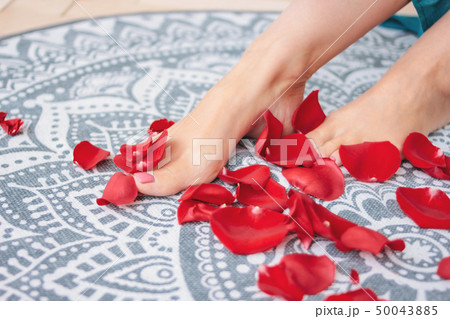 Beautiful female tanned legs with pink pedicure 50043885