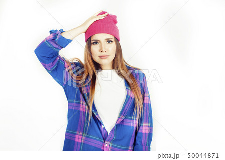 young pretty teenage hipster girl posing emotional happy smiling on white background, lifestyle young pretty teenage hipster girl posing emotional happy smiling on white background, lifestyle 50044871