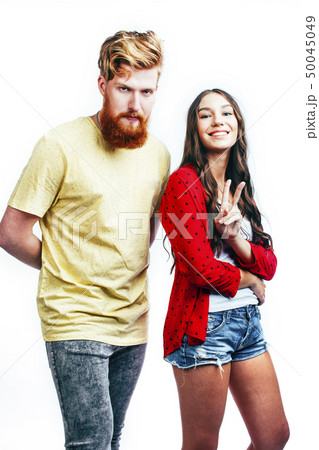 young tender couple, man and woman in love isolated on white, fooling around real modern hipster young tender couple, man and woman in love isolated on white, fooling around real modern hipster 50045049