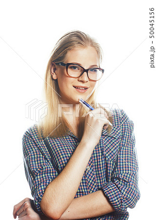 young pretty student modern blond girl in glasses posing emotional happy smiling isolated on white 50045156