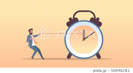 businessman pulling clock arrow deadline time management concept business man in suit pushing back 50046281