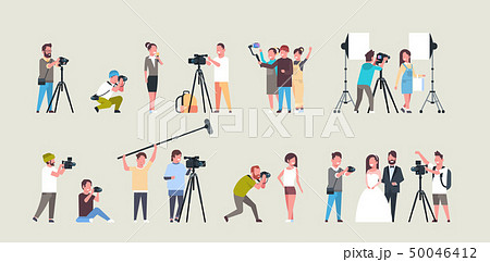 set different poses photographers and cameramans using cameras african american characters shooting 50046412