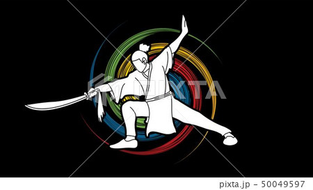 Man with sword action, Kung Fu pose graphic vector Man with sword action, Kung Fu pose graphic vector 50049597