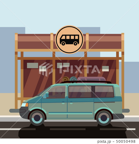 Illustration Of Flat Style Minibus On Bus Stopのイラスト素材