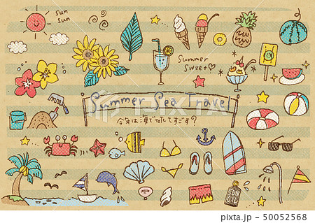 夏の海水浴アイテムのまとめ パステル風のイラスト素材