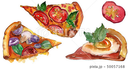 Fast food itallian pizza in a watercolor style isolated. Aquarelle food illustration for background. Fast food itallian pizza in a watercolor style isolated. Aquarelle food illustration for background. 50057168