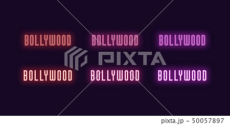 Neon icon set of Bollywood word. Bright Neon text Neon icon set of Bollywood word. Bright Neon text 50057897