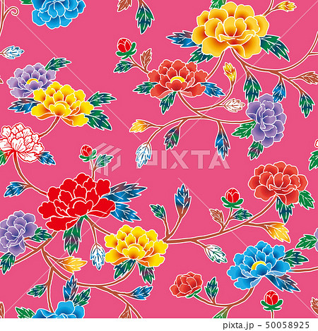 パターン　紅型　牡丹　桃 50058925