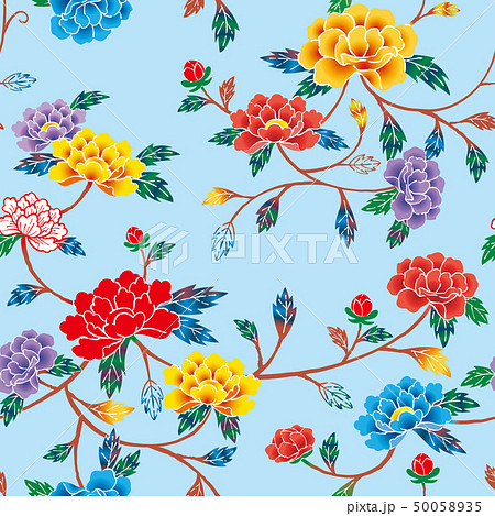 パターン　紅型　牡丹　ライトブルー 50058935