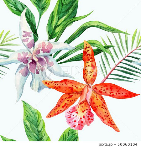 orange and white orchid palm leaves watercolor 50060104