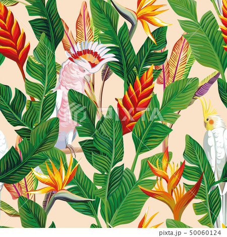 Parrot Flowers Leaves seamless beige background 50060124