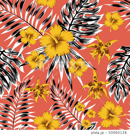 Black white tropical leaves yellow flowers red 50060138