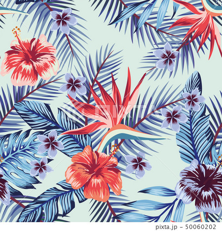 Blue hibiscus plumeria leaves seamless light 50060202
