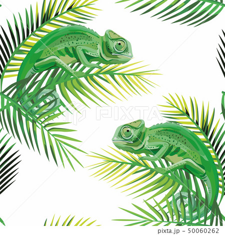 Seamless pattern chameleon on the banana leaves 50060262