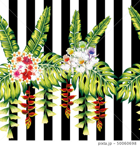Tropical flowers and leaves seamless black white Tropical flowers and leaves seamless black white 50060698