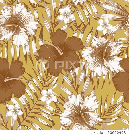 hibiscus brown palm leaves gold background pattern 50060908